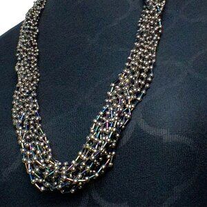 Vintage Multi-Strand Glass Bugle Beaded Necklace With Silvertone Cone Caps